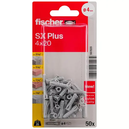 Дюбел пластмасов Fischer с опорен пръстен  ф 4x20 мм, 50 бр./опак., SX Plus K