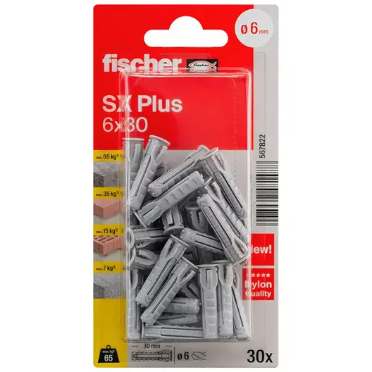 Дюбел пластмасов Fischer с опорен пръстен  ф 6x30 мм, 30 бр./опак., SX Plus K