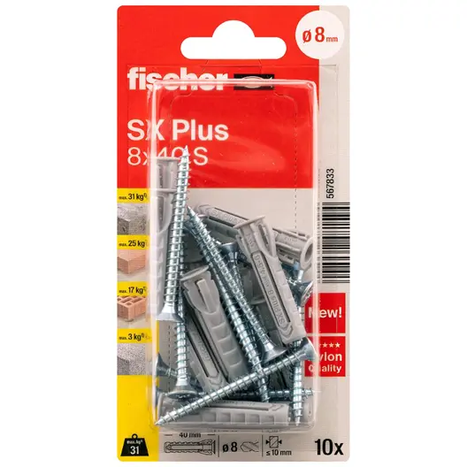 Дюбел пластмасов Fischer с опорен пръстен и винт PZ  ф 8x40 мм, 10 бр./опак., SX Plus S K