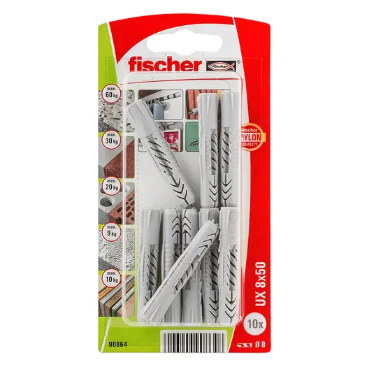 Дюбел пластмасов Fischer без опорен пръстен  ф 8x50 мм, 10 бр./опак., UX K NV