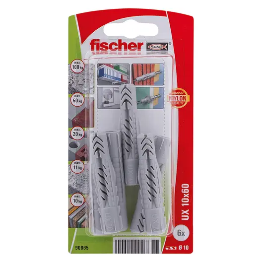 Дюбел пластмасов Fischer без опорен пръстен  ф 10x60 мм, 6 бр./опак., UX K NV