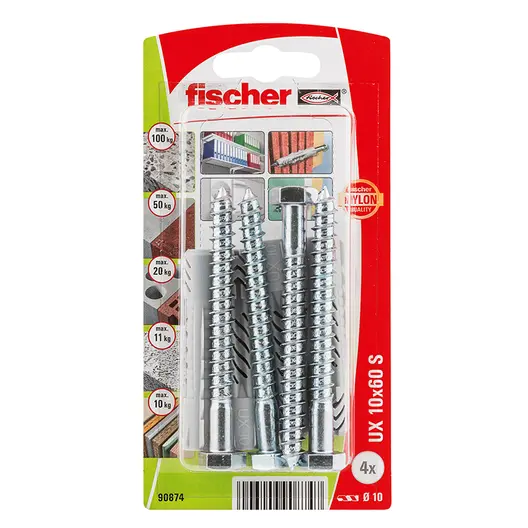Дюбел пластмасов Fischer с опорен пръстен и патентен болт  ф 10x60 мм, 4 бр./опак., UX S K NV