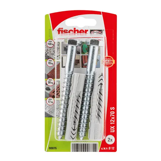 Дюбел пластмасов Fischer с опорен пръстен и патентен болт  ф 12x70 мм, 2 бр./опак., UX S K NV