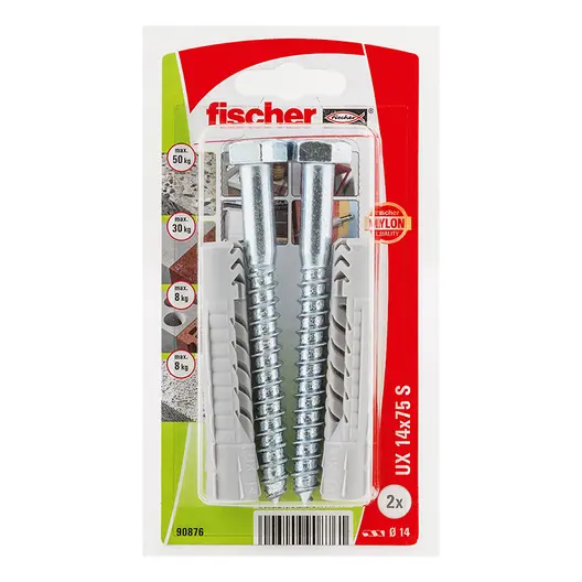 Дюбел пластмасов Fischer с опорен пръстен и патентен болт  ф 14x75 мм, 2 бр./опак., UX S K NV