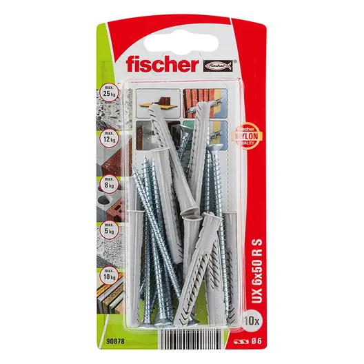 Дюбел пластмасов Fischer с опорен пръстен и винт PZ  ф 6x50 мм, 10 бр./опак., UX R S K NV