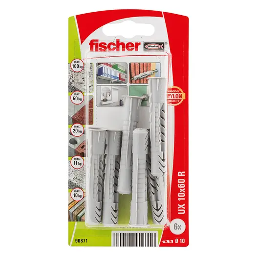 Дюбел пластмасов Fischer с опорен пръстен  ф 10x60 мм, 6 бр./опак., UX R K NV