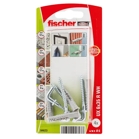 Дюбел пластмасов Fischer с опорен пръстен и Г-образна кука с фланец  ф 6x35 мм, 4 бр./опак., UX R WH K NV