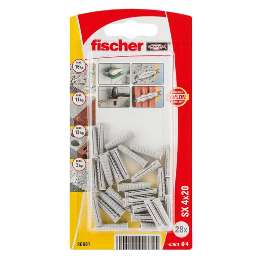 Дюбел пластмасов Fischer с опорен пръстен  ф 4x20 мм, 28 бр./опак., SX KP K NV