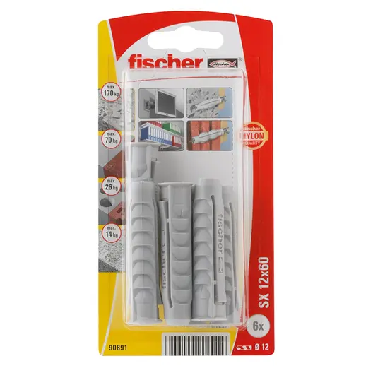 Дюбел пластмасов Fischer с опорен пръстен 6 бр./блистер ф 12x60 мм, SX K NV