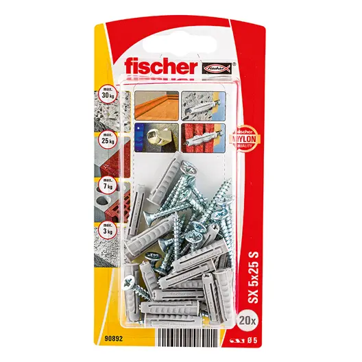 Дюбел пластмасов Fischer с опорен пръстен и винт PZ  ф 5x25 мм, 20 бр./опак., SX S K NV