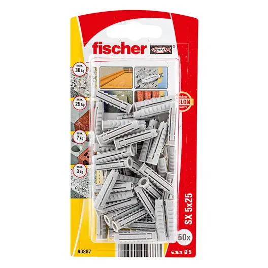 Дюбел пластмасов Fischer с опорен пръстен  ф 5x25 мм, 50 бр./опак., SX K NV