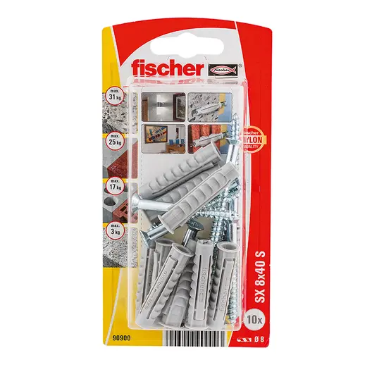 Дюбел пластмасов Fischer с опорен пръстен и винт PZ  ф 8x40 мм, 10 бр./опак., SX GK S K NV