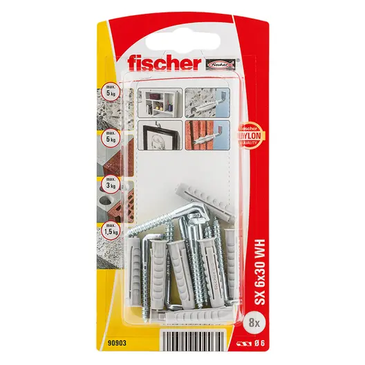 Дюбел пластмасов Fischer с опорен пръстен и Г-образна кука с фланец  ф 6x30 мм, 8 бр./опак., SX WH K NV
