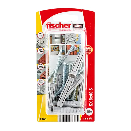 Дюбел пластмасов Fischer с опорен пръстен и винт PZ 10 бр./блистер ф 8x40 мм, SX S K NV