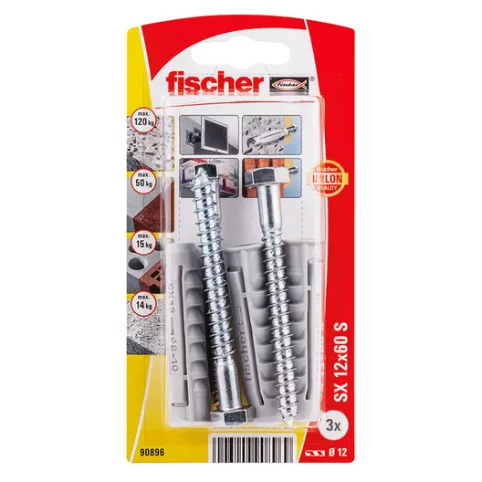 Дюбел пластмасов Fischer с опорен пръстен и патентен болт  ф 12x60 мм, 3 бр./опак., SX S K NV