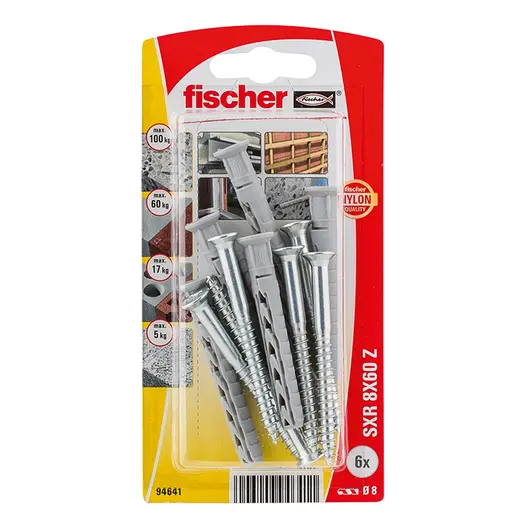 Дюбел пластмасов Fischer с опорен пръстен и винт PZ  ф 8x60 мм, 6 бр./опак., SXR Z K NV