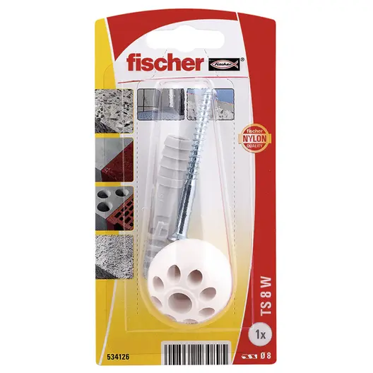Стопер за врата Fischer за монтаж с дюбел  бял, TS 8W K NV