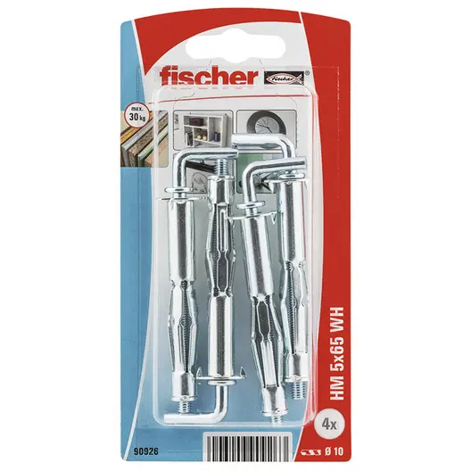 Дюбел метален Fischer за гипсокартон с опорен пръстен и Г-образна кука  4 бр./опак., M5x65 мм, 20-34 мм, HM WH K NV