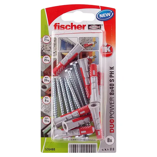 Дюбел пластмасов Fischer с опорен пръстен и винт PZ  ф 8x40 мм, 8 бр./опак., Duopower S PH K NV