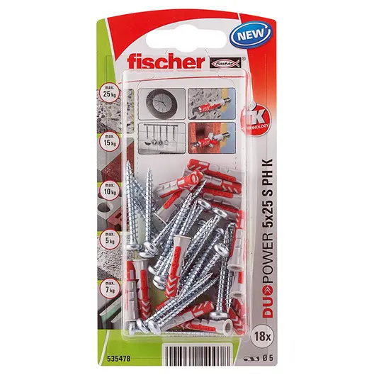 Дюбел пластмасов Fischer с опорен пръстен и винт PZ  ф 5x25 мм, 18 бр./опак., Duopower S PH K NV