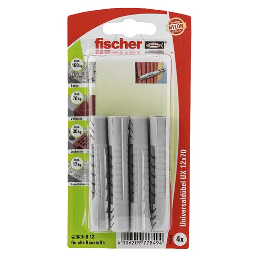 Дюбел пластмасов Fischer без опорен пръстен  ф 12x70 мм, 4 бр./опак., UX K