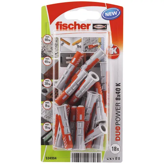 Дюбел пластмасов Fischer с опорен пръстен  ф 8x40 мм, 18 бр./опак., DuoPower K NV