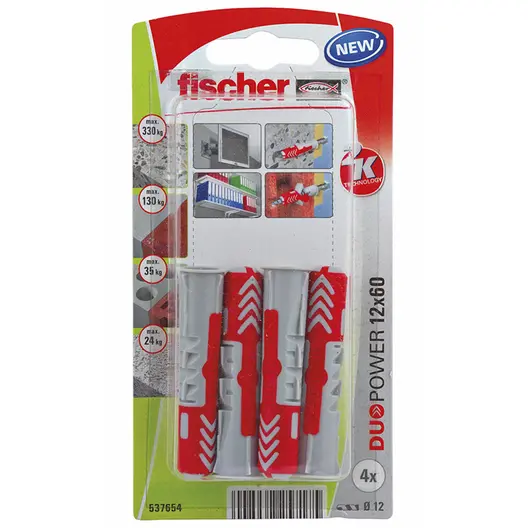 Дюбел пластмасов Fischer с опорен пръстен  ф 12x60 мм, 4 бр./опак., DuoPower K NV