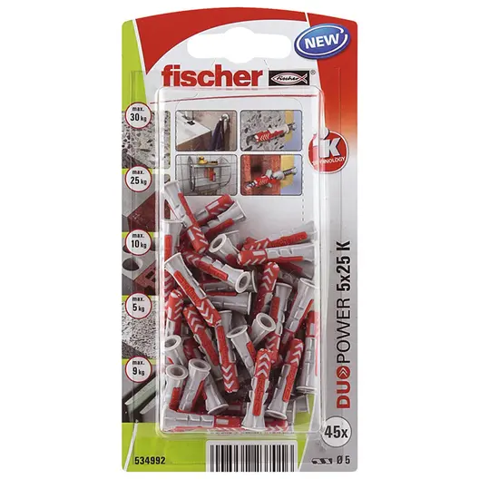 Дюбел пластмасов Fischer с опорен пръстен  ф 5x25 мм, 45 бр./опак., DuoPower K NV