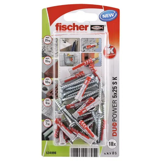 Дюбел пластмасов Fischer с опорен пръстен и винт PZ  ф 5x25 мм, 18 бр./опак., DuoPower S K NV