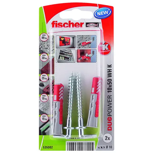 Дюбел пластмасов Fischer с опорен пръстен и Г-образна кука с фланец  ф 10x50 мм, 2 бр./опак., DuoPower WH K NV