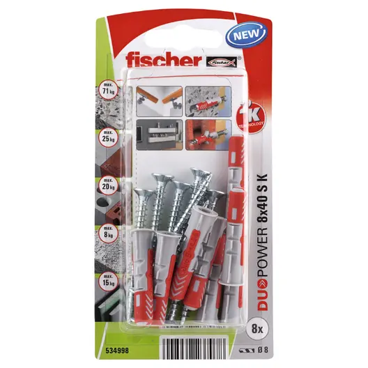 Дюбел пластмасов Fischer с опорен пръстен и винт PZ  ф 8x40 мм, 8 бр./опак., DuoPower S K NV