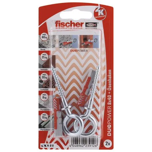 Дюбел пластмасов Fischer с опорен пръстен и затворена кука  ф 8x40 мм, 2 бр./опак., DuoPower OH K