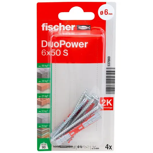 Дюбел пластмасов Fischer с опорен пръстен и винт PZ  ф 6x50 мм, 4 бр./опак., DuoPower S K NV