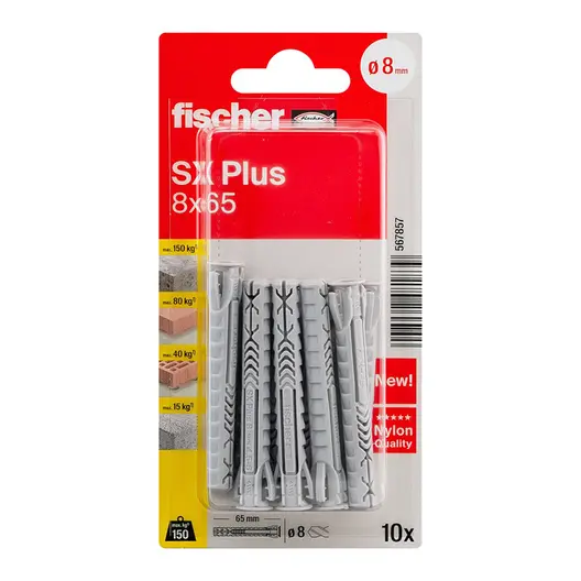 Дюбел пластмасов Fischer с опорен пръстен  ф 8х65 мм, 10 бр./опак., SX Plus K NV