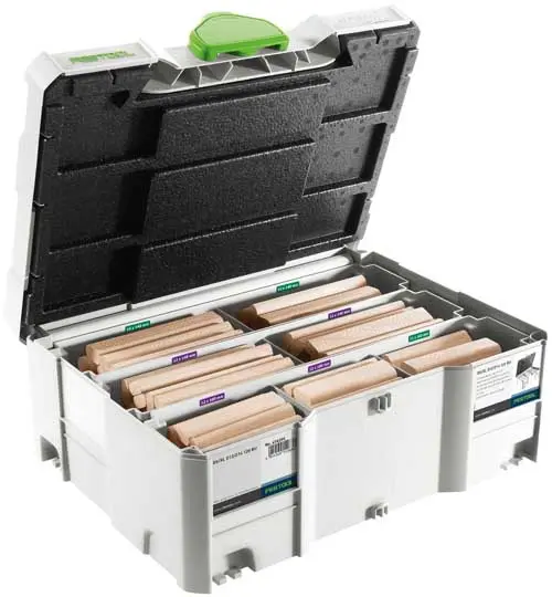 Дюбел дървен Festool комплект с фрезер  12x100, 12x140, 14x100, 14x140 мм, Domino BU