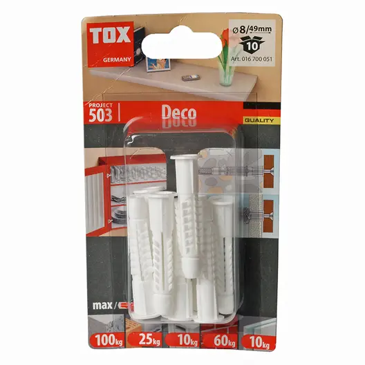 Дюбел пластмасов Tox с опорен пръстен  ф 8x49 мм, 10 бр./опак., Deco