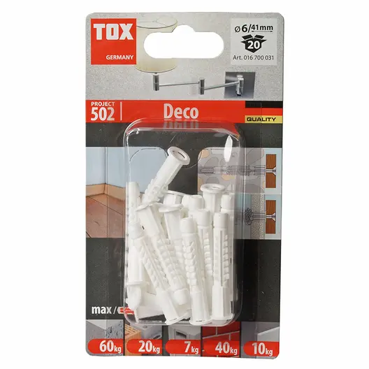 Дюбел пластмасов Tox с опорен пръстен  ф 6x41 мм, 20 бр./опак., Deco