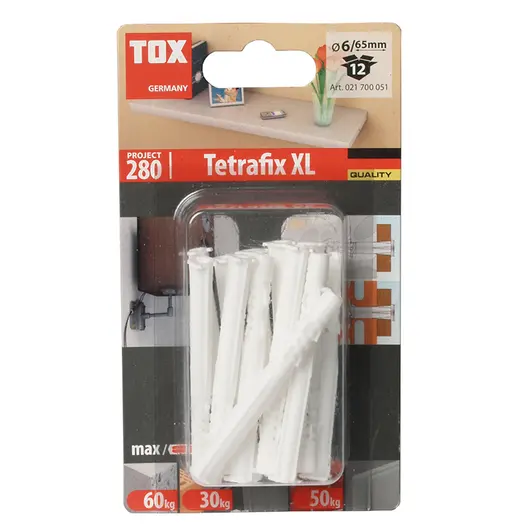 Дюбел пластмасов Tox с опорен пръстен  ф 6x65 мм, 12 бр./опак., Tetrafix XL