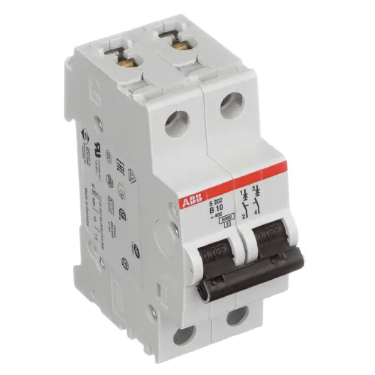 Автоматичен двуполюсен прекъсвач ABB за DIN шина крива B  10 A, 230 V, 15 kA, 2P, S202-B10