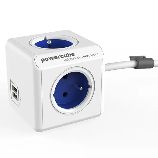 Разклонител електрически Allocacoc с кабел и USB порт  1.5 м, 3x1.5 мм2, ШВПС-В / H05VV-F, син, 4 гнезда, PowerCube Extended USB