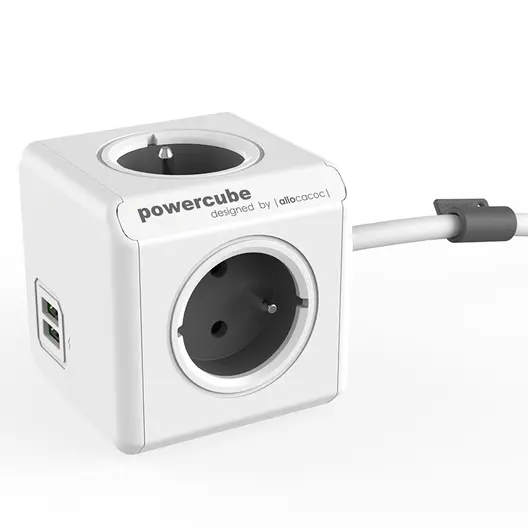 Разклонител електрически Allocacoc с кабел и USB порт  3 м, 3x1.5 мм2, ШВПС-В / H05VV-F, сив, 4 гнезда, PowerCube Extended USB