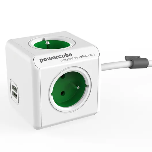 Разклонител електрически Allocacoc с кабел и USB порт  1.5 м, 3x1.5 мм2, ШВПС-В, зелен, 4 гнезда, PowerCube Extended USB
