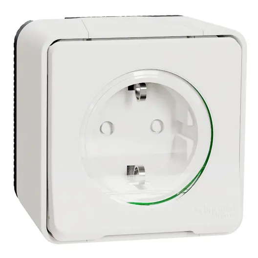 Електрически противовлажен контакт Schneider Electric единичен открит монтаж с капак  2P+E, 16 A, 55 IP, бял, Mureva Styl