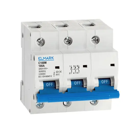 Автоматичен триполюсен прекъсвач Elmark за DIN шина крива C  80 A, 230/400 V, 10 kA, 3P, C100M