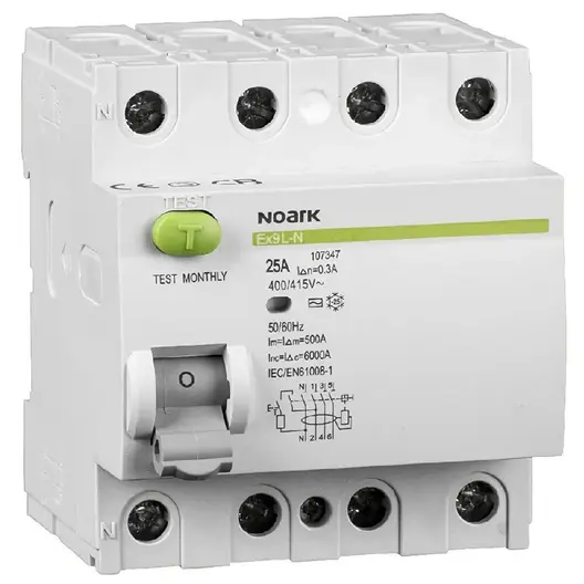 Дефектнотокова защита Noark 4P тип AC  25 A, 30 mA, 6 kA, Ex9L-N