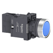 Бутонен превключвател Schneider Electric с пружинно връщане светещ  3 A, 240 V, 1 NO, син, Easy Harmony XA2E - product - 028 PRA5489