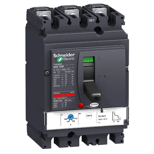 Прекъсвач мощностен Schneider Electric автоматичен тип А-1 регулируем  100 A, 4-85 kA, 3P, 690 V V, 70-100 А, Compact NSX160F
