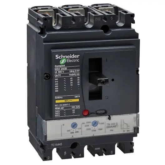 Прекъсвач мощностен Schneider Electric автоматичен тип А-2 регулируем  250 A, 7.5-40 kA, 3P, 690 V V, 175-250 А, Compact NSX250B