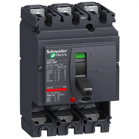 Прекъсвач мощностен Schneider Electric автоматичен тип A-3 без защита  100 A, 4-85 kA, 3P, 690 V V, Compact NSX100F