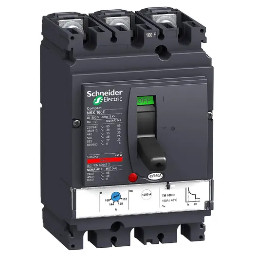 Прекъсвач мощностен Schneider Electric автоматичен тип А-1 регулируем  160 A, 4-85 kA, 3P, 690 V, 112-160 А, Compact NSX160F